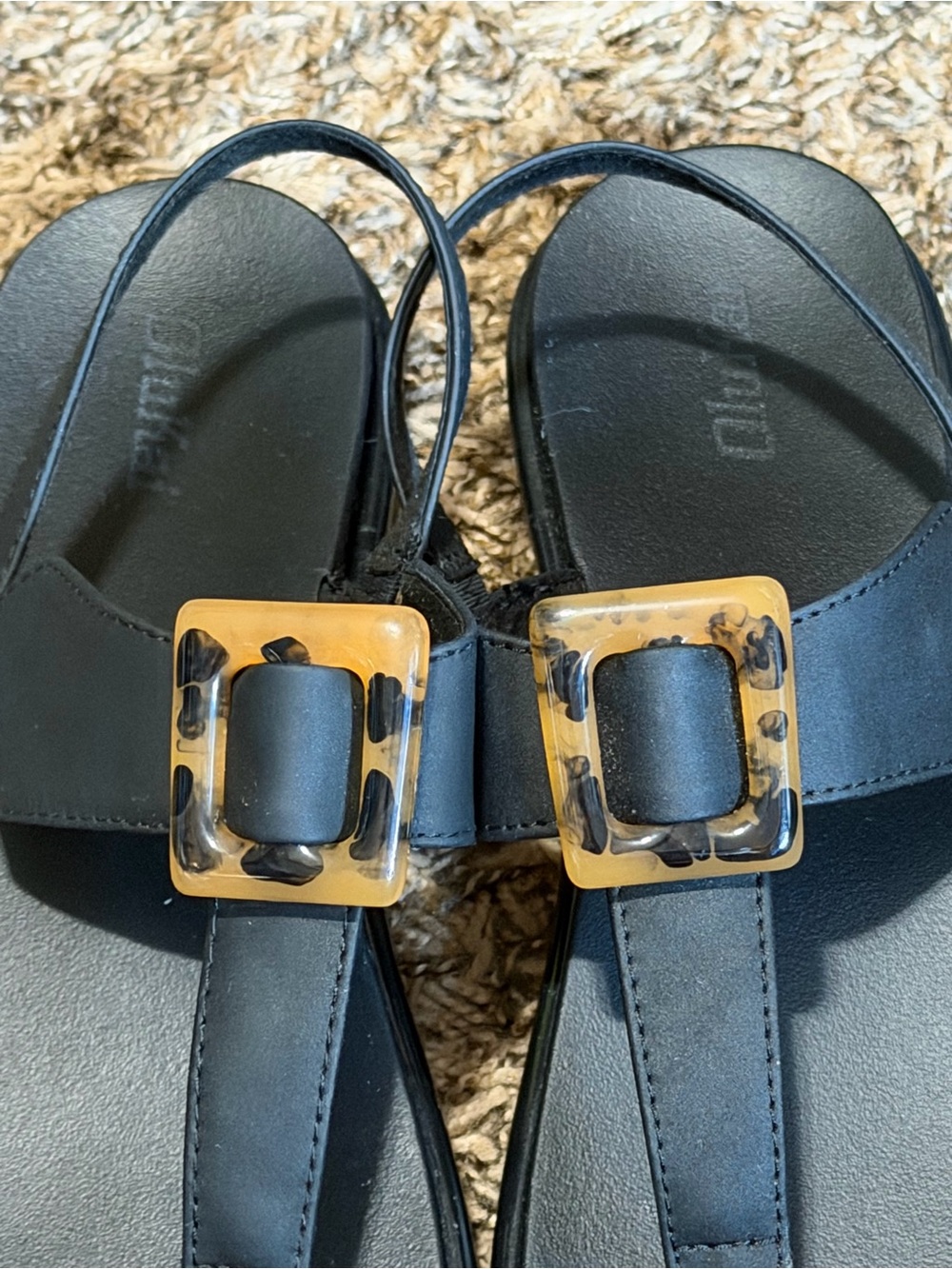 OluKai Black T-Strap Sandals with Tortoiseshell Buckle Accent - Picture 4 of 5